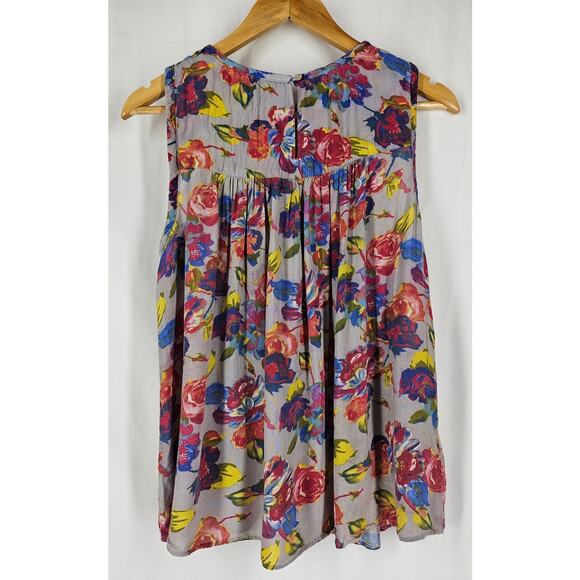 RANNA GILL WOMEN'S FLORAL PLEATED SLEEVELESS 100% RAYON BLOUSE TOP SIZE MEDIUM - Picture 2 of 7